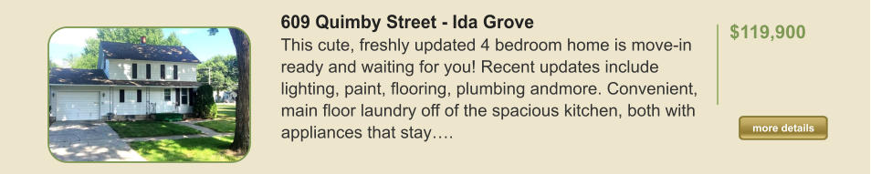 609 Quimby Street - Ida Grove This cute, freshly updated 4 bedroom home is move-in ready and waiting for you! Recent updates include lighting, paint, flooring, plumbing andmore. Convenient, main floor laundry off of the spacious kitchen, both with appliances that stay….  $119,900    more details more details