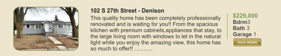 $229,000 Bdrm3 Bath 3 Garage 1  more details more details 102 S 27th Street - Denison This quality home has been completely professionally renovated and is waiting for you!! From the spacious kitchen with premium cabinets,appliances that stay, to the large living room with windows to let in the natural light while you enjoy the amazing view, this home has so much to offer!! ……….