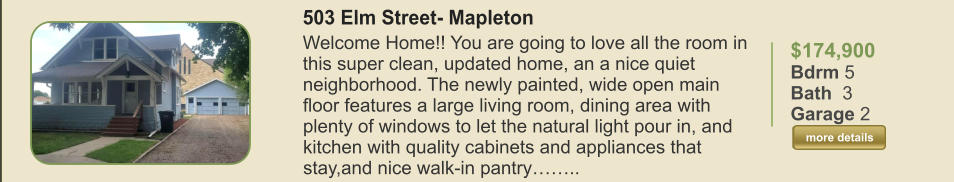 $174,900 Bdrm 5 Bath  3 Garage 2  more details more details 503 Elm Street- Mapleton Welcome Home!! You are going to love all the room in this super clean, updated home, an a nice quiet neighborhood. The newly painted, wide open main floor features a large living room, dining area with plenty of windows to let the natural light pour in, and kitchen with quality cabinets and appliances that stay,and nice walk-in pantry……..